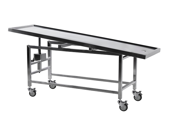 Stainless Steel Autopsy Station Table Adjustable stainless steel autopsy station with drainage hole and caster brakes for medical and forensic use