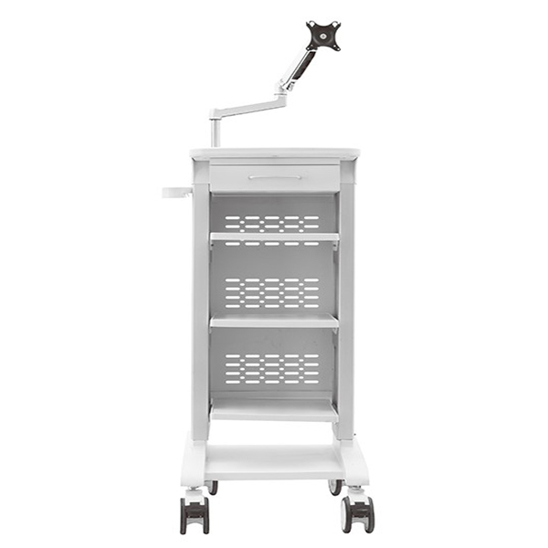 Ergonomic rolling endoscopy trolley with multiple shelves and secure storage for clinical procedures