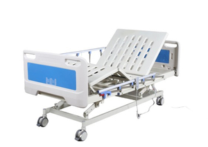 Patient care electric hospital bed with height adjustment, CPR, aluminum side rails, and stamping surface