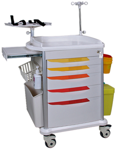 ABS emergency trolley with color drawers, IV pole, and defibrillator shelf for hospitals