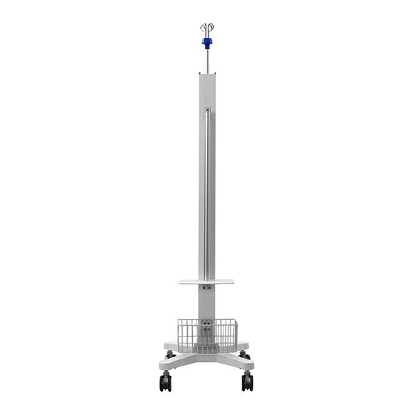 Rolling infusion stand with hooks, power module, and storage bin for syringe and IV pump equipment