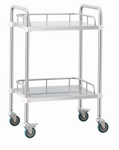 2-tier stainless steel lab rolling cart with lockable wheels for clinic and hospital use