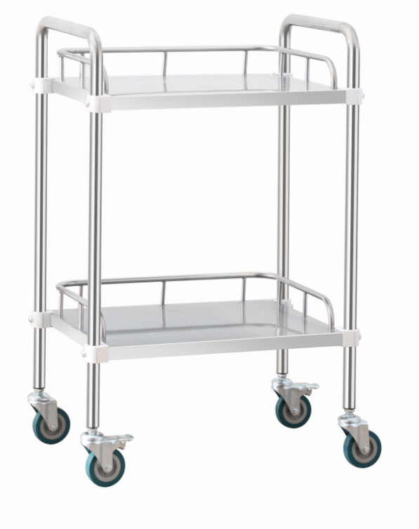 2-tier stainless steel lab rolling cart with lockable wheels for clinic and hospital use