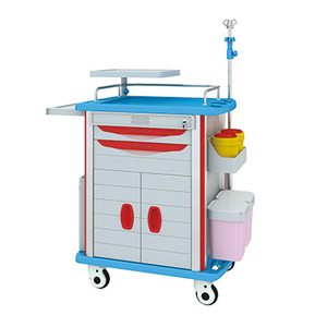 ABS medical emergency trolley with aluminum columns, defibrillator holder, stainless steel rail, sliding side shelf, and 125mm casters designed for hospital emergency treatment.