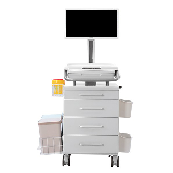 Ergonomic rolling medical computer workstation cart with sit-stand design