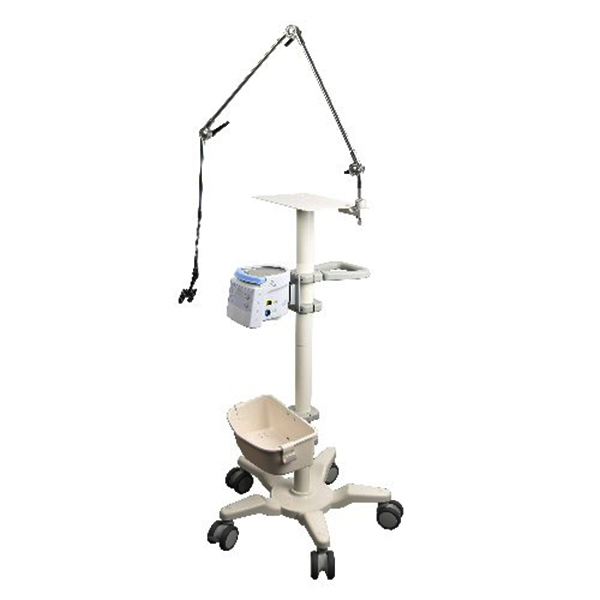 Aluminum ventilator trolley with adjustable shelf, oxygen tank holder, and brake wheels