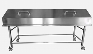 stainless steel mobile mortuary trolley with hinged cover and drainage hole for hospital morgue and anatomy lab use
