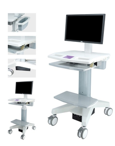 Adjustable medical workstation trolley with ABS worktop, rotating monitor, ergonomic keyboard tray, and UPS power for hospitals.