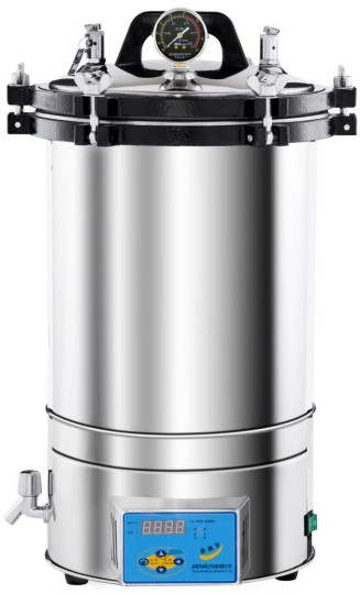 SUS304 desktop steam sterilizer with LED display and dual scale pressure gauge for clinics and labs
