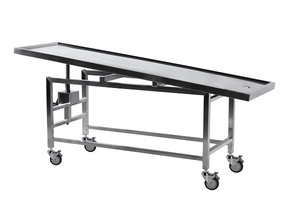 Adjustable stainless steel autopsy station with drainage hole and caster brakes for medical and forensic use