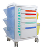 Mobile 5-drawer ABS medical emergency trolley with CPR board and IV pole for hospital ICU and ER resuscitation.