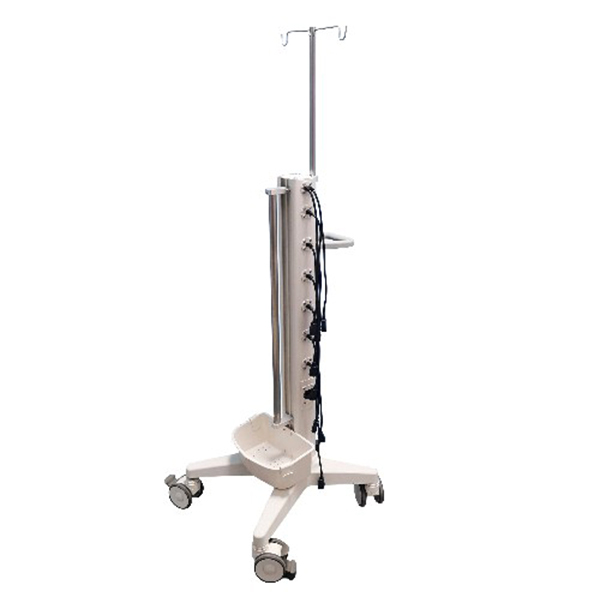 Mobile infusion pump cart with dual channel design, lockable base, and adjustable height for ICU use
